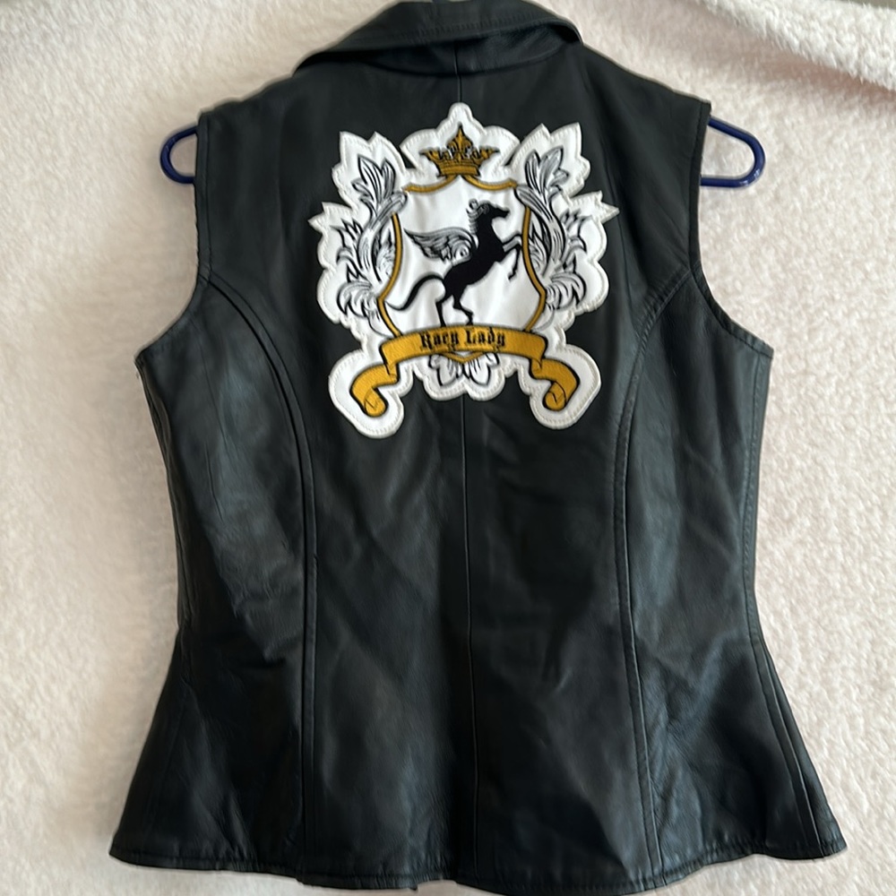 Racy Lady sleeveless black leather vest.Size Med. emblem on back. - Picture 4 of 4